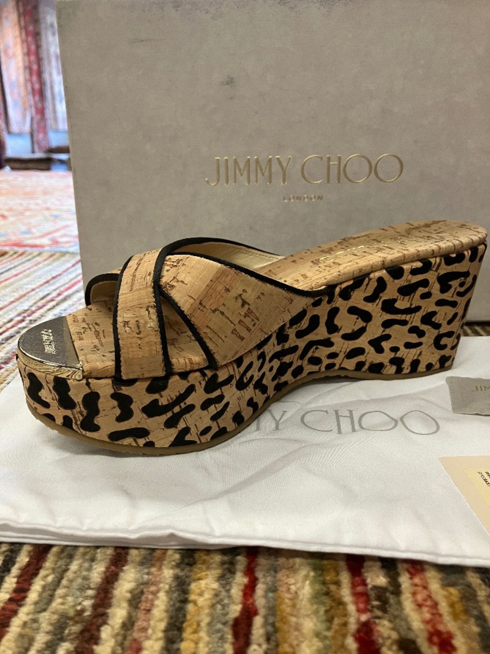 NEW Jimmy Choo USA 7 - Open Toe, Nude with Black Leopard Print, Cork Wedges
